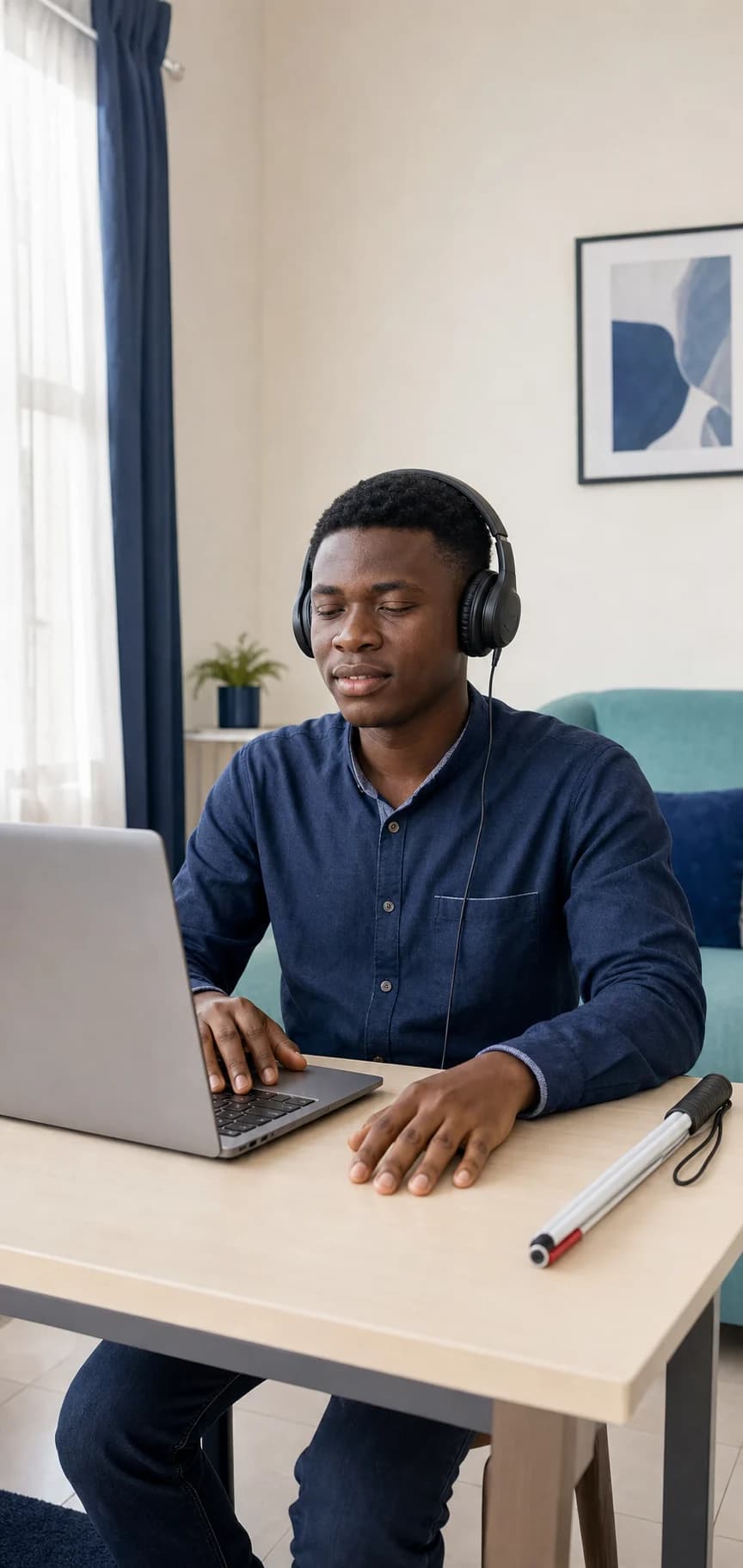 A visually impaired learner listening to an audio computer-literacy lesson on a laptop
